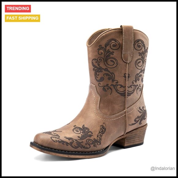 Chunky Heel Cowboy Boots Square Toe Retro Western Ankle Booties Women's Shoes